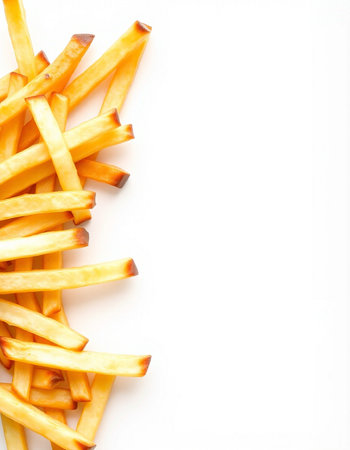 French fries on a white background. Top view. Copy space.