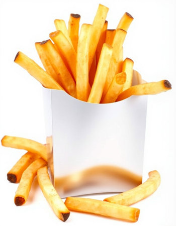 French fries in a paper box on a white background. Isolated