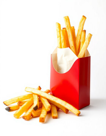 French fries in a red box on a white background, fast food