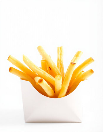French fries in a white box on a white background, isolated.