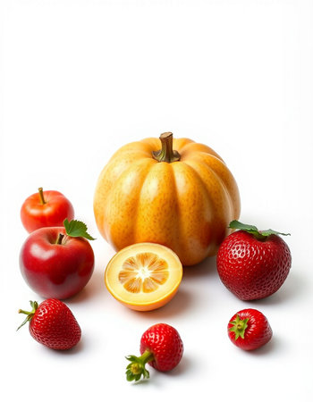Strawberry, melon, apple and pumpkin on white backgroundの写真素材