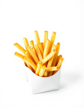 French fries in a white box on a white background. Isolated