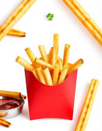 French fries in a red box with ketchup on a white background