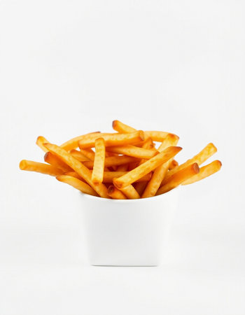 French fries in a white bowl on a white background. Isolated