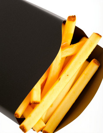 French fries in a box on a white background. Close up.の写真素材