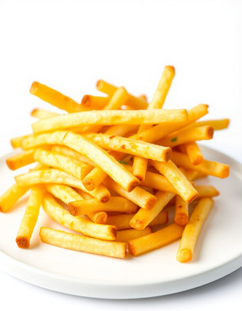 French fries on white plate isolated on white background. Selective focus.