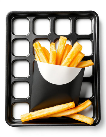 French fries in black plastic box isolated on white background with clipping path