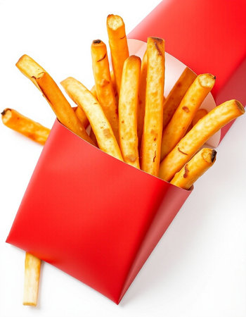 French fries in a red box on a white background. Isolatedの写真素材