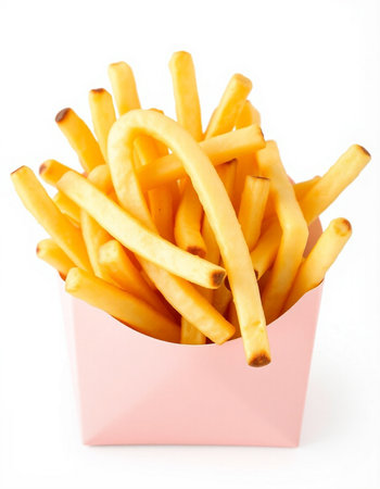 French fries in a pink box on a white background. Isolatedの写真素材