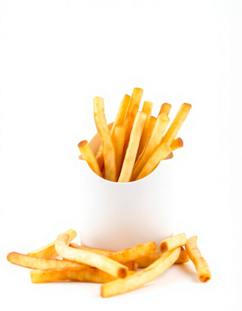 French fries in a paper cup on a white background. Isolated