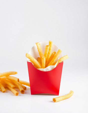 French fries in a red box on a white background. Fast food.