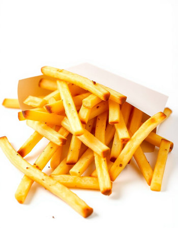 French fries on a white background. Shallow depth of field.
