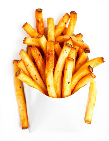 French fries in a paper box on a white background. Isolatedの写真素材