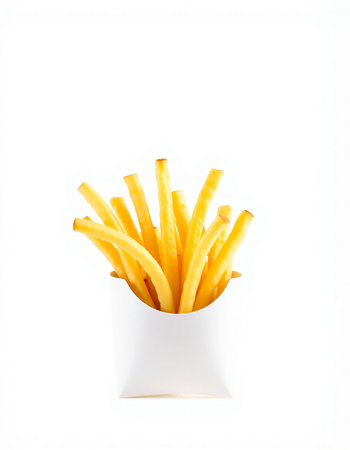 French fries in paper box isolated on white background. Fast food.