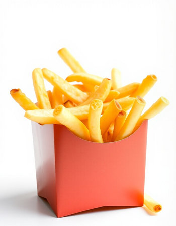 French fries in a red box on a white background. Selective focus.の写真素材