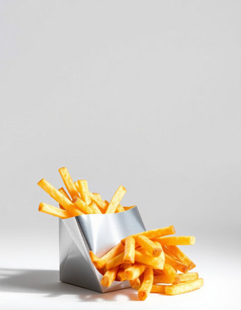 Golden French fries in a paper box on a gray background with shadows