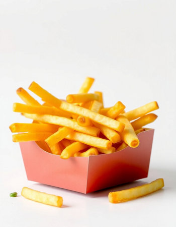 French fries in a red box on a white background, fast foodの写真素材