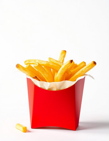 French fries in a red box on a white background, fast food