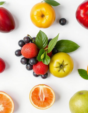 Fresh fruits and berries on white background. Flat lay, top viewの写真素材