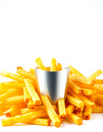 Golden French fries potatoes isolated on white background. Selective focus.