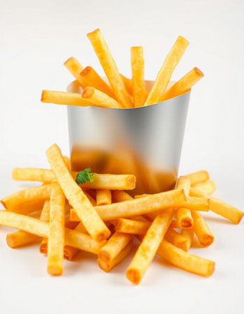 Golden French fries in a paper cup on a white background. Selective focus.の写真素材