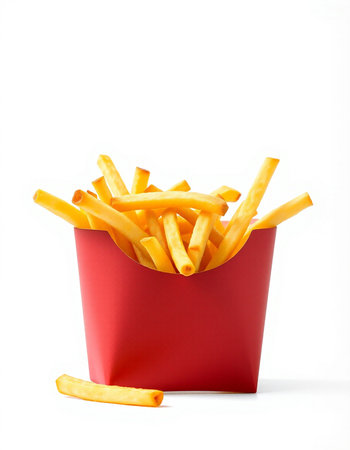French fries in a red box isolated on white background. Fast food.