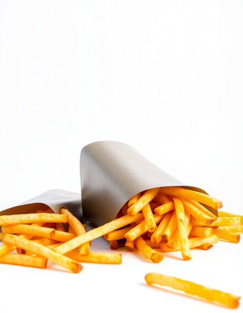 French fries in a paper bag, isolated on a white background.の写真素材