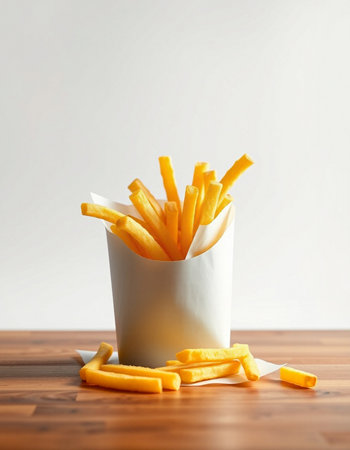 French fries in paper box on wooden table and white background. Selective focus.