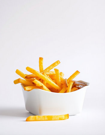 French fries in a bowl on white background. Selective focus.の写真素材