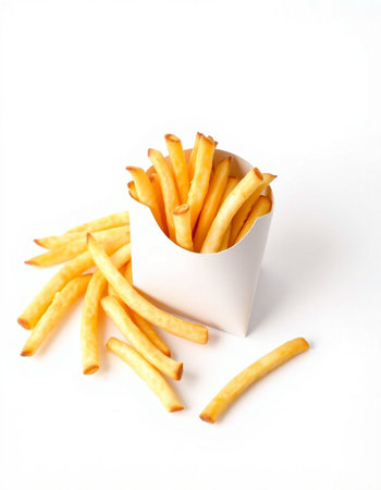 French fries in a paper box on a white background. Isolated
