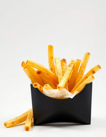 French fries in a black box on a white background, fast food