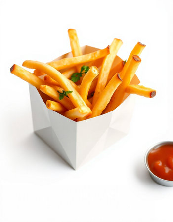 French fries with ketchup isolated on white background. Selective focus.