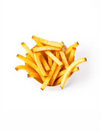 Golden French fries on a white background, close-up
