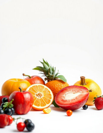 Fruits and vegetables on white background. Healthy food concept. Copy space.の写真素材