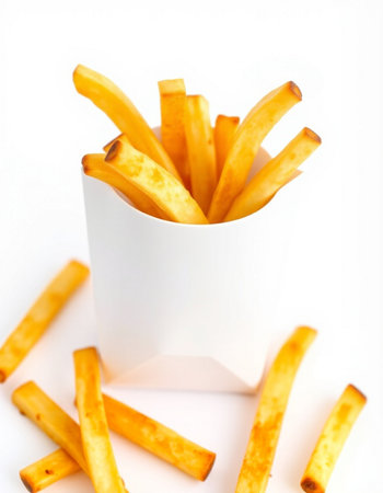 French fries in a white cup on a white background. Close-up.の写真素材