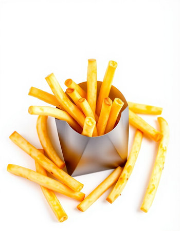French fries in a paper box on a white background. Isolated