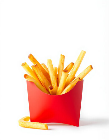 French fries in red box isolated on white background. Fast food concept.
