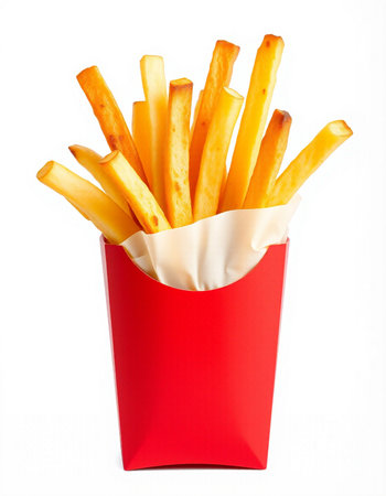 French fries in a red box on a white background. Isolated