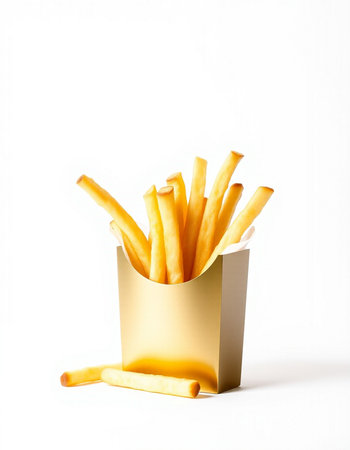 French fries in a paper box on a white background.