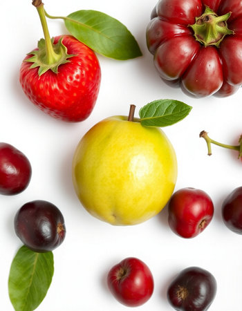 Composition with fresh fruits on white background. Flat lay, top viewの写真素材