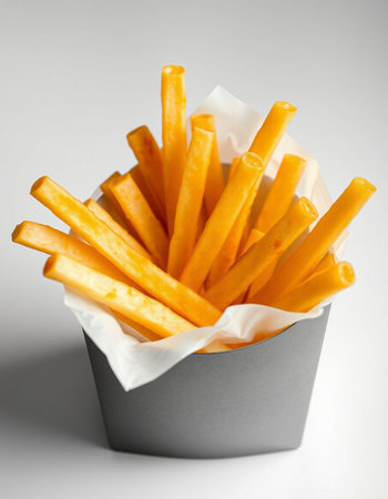 French fries in a paper box on a white background, close-up