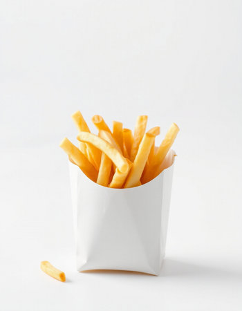 French fries in a white box on a white background close-upの写真素材
