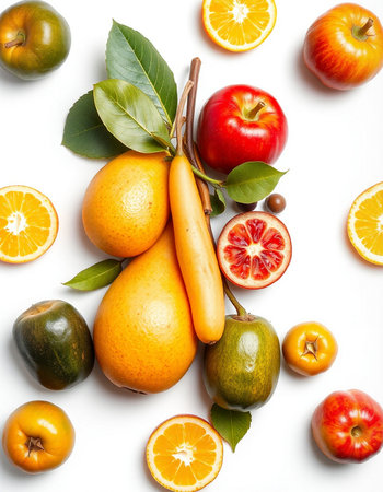 Fruits isolated on a white background. Top view. Flat lay.