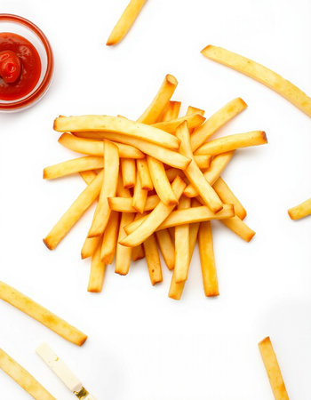 French fries with ketchup on a white background. Top view.の写真素材