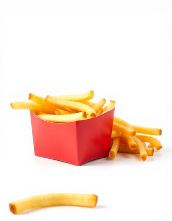 French fries in a red box on a white background. Isolated