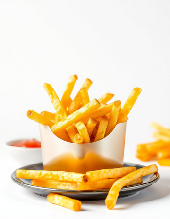 French fries with ketchup on a white background. Selective focus.
