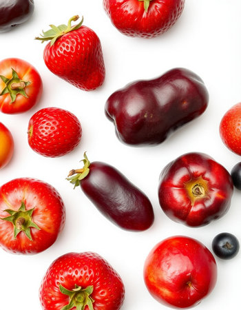 Strawberries, tomatoes and eggplants on a white background.の写真素材