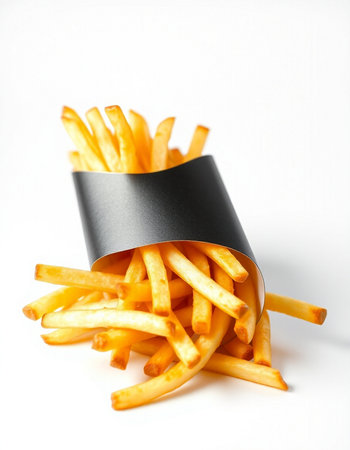 Golden French fries with black label on white background. Selective focus.の写真素材