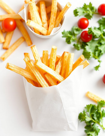 French fries in paper bag with parsley and cherry tomatoes on white background