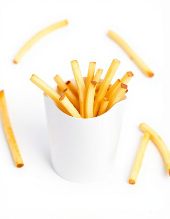 French fries in a white cup on a white background. Selective focus.
